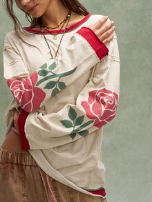 Bohemela Floral Print Drop Shoulder Oversize Ringer Tee - Apricot - View 9