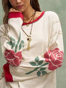 Bohemela Floral Print Drop Shoulder Oversize Ringer Tee - Apricot - View 3