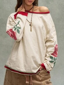Bohemela Floral Print Drop Shoulder Oversize Ringer Tee - Apricot - View 4