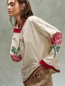 Bohemela Floral Print Drop Shoulder Oversize Ringer Tee - Apricot - View 5