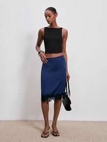 ATUI Studio Elegant Sexy Navy Blue Autumn Office Date Night Satin Lace Patchwork Asymmetrical High Waist Mid-Length Skirt,Versatile A-Line Mid-Calf Skirt For Work - Blue - View 4