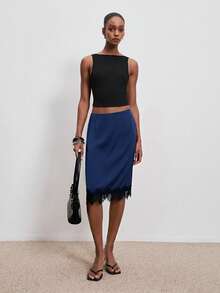 ATUI Studio Elegant Sexy Navy Blue Autumn Office Date Night Satin Lace Patchwork Asymmetrical High Waist Mid-Length Skirt,Versatile A-Line Mid-Calf Skirt For Work - Blue - View 2
