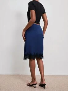 ATUI Studio Elegant Sexy Navy Blue Autumn Office Date Night Satin Lace Patchwork Asymmetrical High Waist Mid-Length Skirt,Versatile A-Line Mid-Calf Skirt For Work - Blue - View 3