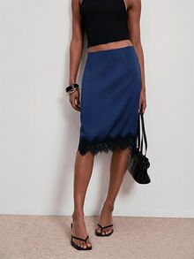 ATUI Studio Elegant Sexy Navy Blue Autumn Office Date Night Satin Lace Patchwork Asymmetrical High Waist Mid-Length Skirt,Versatile A-Line Mid-Calf Skirt For Work - Blue - View 1