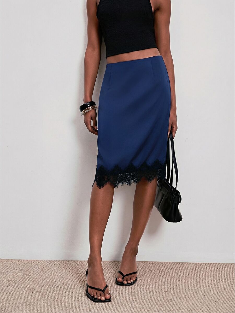 ATUI Studio Elegant Sexy Navy Blue Autumn Office Date Night Satin Lace Patchwork Asymmetrical High Waist Mid-Length Skirt,Versatile A-Line Mid-Calf Skirt For Work - Blue - View 1