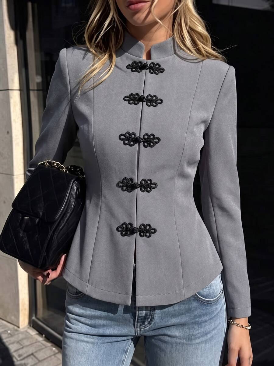 SHEIN PariChic Jaket Kantor Kancing Depan Bentuk Katak Warna Abu-abu Musim Gugur Elegan - Grey - View 1