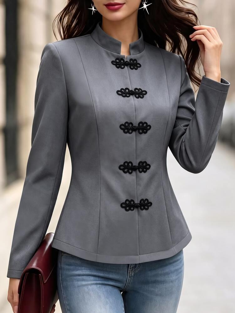 SHEIN PariChic Frog Button Front Jacket Office Gray Autumn Elegant - Grey - View 7