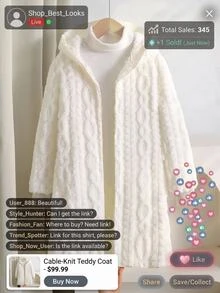SHEIN 青少年女孩毛絨麥穗花紋簡約舒適百搭日常毛絨外套 秋冬聖誕節/萬聖節 - 白色 - 查看 5