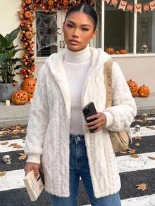 SHEIN 青少年女孩毛絨麥穗花紋簡約舒適百搭日常毛絨外套 秋冬聖誕節/萬聖節 - 白色 - 查看 1