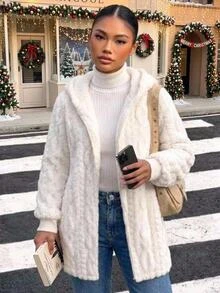 SHEIN 青少年女孩毛絨麥穗花紋簡約舒適百搭日常毛絨外套 秋冬聖誕節/萬聖節 - 白色 - 查看 2