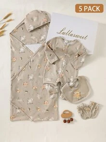 SHEIN 新生兒嬰兒衣物禮品套裝 春/夏新款 嬰兒連身衣套裝 嬰兒淋浴禮品 中性可愛男女通用配件 米色 - 駝色 - 查看 1