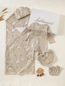 SHEIN 新生兒嬰兒衣物禮品套裝 春/夏新款 嬰兒連身衣套裝 嬰兒淋浴禮品 中性可愛男女通用配件 米色 - 駝色 - 查看 2