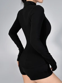 DAZY Women's Korean Style Black Stand Collar Long Sleeve Cinched Waist Jacket And Shorts Set, Versatile For Autumn, Fitness, Casual Modest Athleisure Gym - Black - View 2