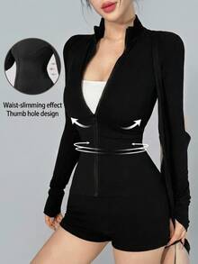 DAZY Women's Korean Style Black Stand Collar Long Sleeve Cinched Waist Jacket And Shorts Set, Versatile For Autumn, Fitness, Casual Modest Athleisure Gym - Black - View 1