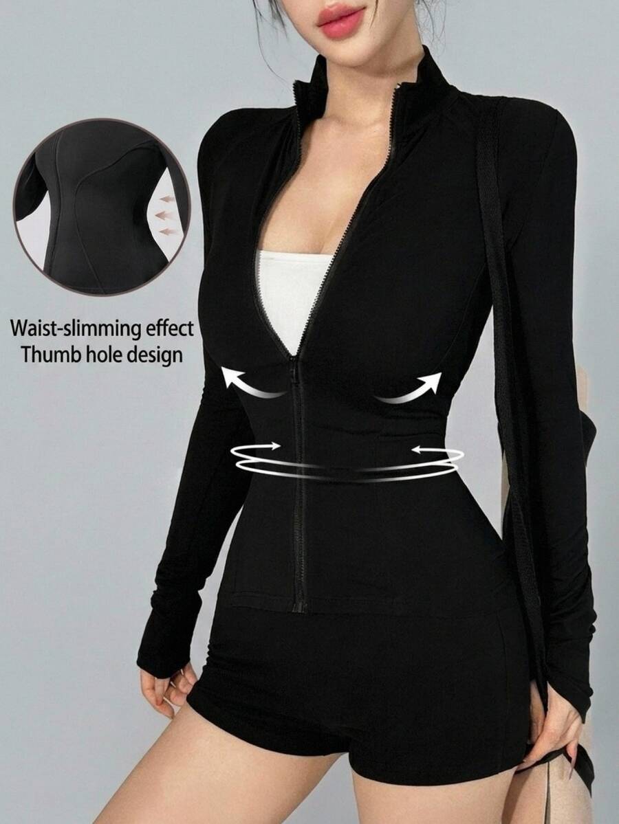 DAZY Women's Korean Style Black Stand Collar Long Sleeve Cinched Waist Jacket And Shorts Set, Versatile For Autumn, Fitness, Casual Modest Athleisure Gym - Black - View 1