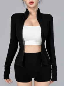 DAZY Women's Korean Style Black Stand Collar Long Sleeve Cinched Waist Jacket And Shorts Set, Versatile For Autumn, Fitness, Casual Modest Athleisure Gym - Black - View 4