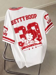 Betty Boop x SHEIN 女款字母與數字印花休閒百搭日常短袖T恤 - 白色 - 查看 2