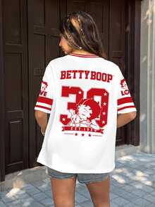 Betty Boop x SHEIN 女款字母與數字印花休閒百搭日常短袖T恤 - 白色 - 查看 6