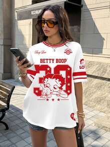 Betty Boop x SHEIN 女款字母與數字印花休閒百搭日常短袖T恤 - 白色 - 查看 5