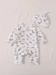 SHEIN Baby Girl Newborn Cartoon Graphic Jumpsuit Hat Autumn Fall Family Matching White And Black Cute - White - View 2
