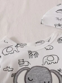 SHEIN Baby Girl Newborn Cartoon Graphic Jumpsuit Hat Autumn Fall Family Matching White And Black Cute - White - View 5