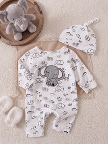 SHEIN Baby Girl Newborn Cartoon Graphic Jumpsuit Hat Autumn Fall Family Matching White And Black Cute - White - View 3