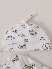 SHEIN Baby Girl Newborn Cartoon Graphic Jumpsuit Hat Autumn Fall Family Matching White And Black Cute - White - View 6