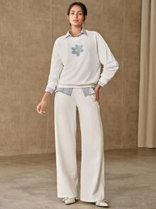 Anewsta Women's Fashion 3D Embroidered Faux Pearl Decor Long Sleeve Sweatshirt - White - View 2