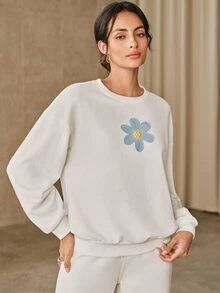 Anewsta Women's Fashion 3D Embroidered Faux Pearl Decor Long Sleeve Sweatshirt - White - View 4