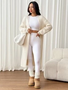 SHEIN PETITE 女款保暖針織開襟衫，適合秋冬外出日常旅行，米色休閒風 - 杏色 - 查看 8