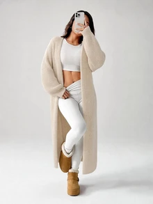 SHEIN PETITE 女款保暖針織開襟衫，適合秋冬外出日常旅行，米色休閒風 - 杏色 - 查看 4