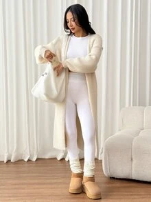 SHEIN PETITE 女款保暖針織開襟衫，適合秋冬外出日常旅行，米色休閒風 - 杏色 - 查看 2