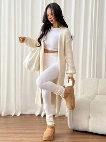 SHEIN PETITE 女款保暖針織開襟衫，適合秋冬外出日常旅行，米色休閒風 - 杏色 - 查看 10