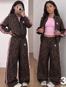 SHEIN 3件組青少年女孩套裝，連帽長袖拉鍊短夾克配白色飾邊與編織織帶裝飾，白色細肩帶背心上衣，鬆緊腰寬腿長褲，秋季休閒穿搭 - 棕色 - 查看 1