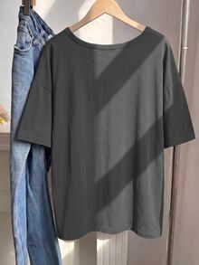 Muchica Casual Versatile Dark Grey Plus Size T-Shirt - Dark Grey - View 2