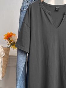 Muchica Casual Versatile Dark Grey Plus Size T-Shirt - Dark Grey - View 6