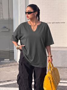 Muchica Casual Versatile Dark Grey Plus Size T-Shirt - Dark Grey - View 3