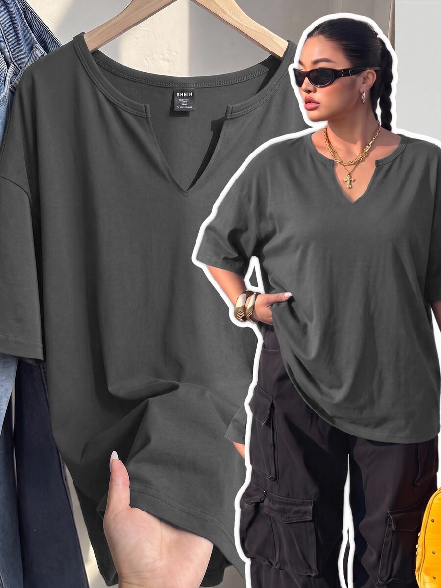 Muchica Casual Versatile Dark Grey Plus Size T-Shirt - Dark Grey - View 1