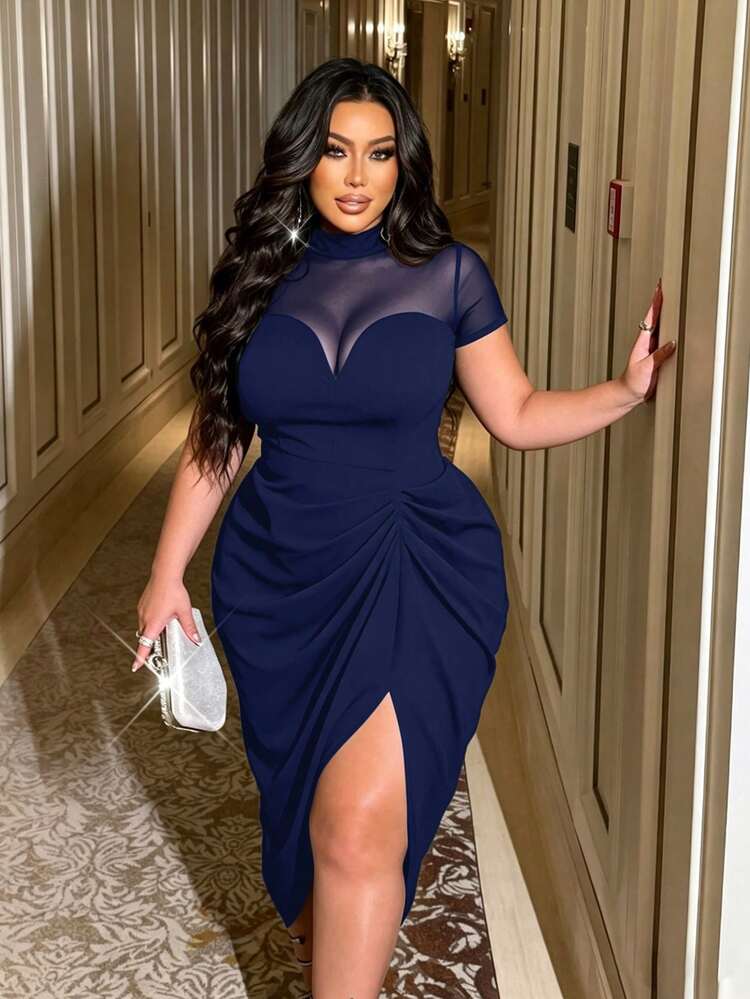 NU&NOW Women's Spring/Summer Sexy, Hot Girl, Elegant, Mature, Intellectual, Suitable For Dating, Holidays, Parties, Evening Wear, Black Patchwork Mesh Sheer, Semi-High Neck, Short Sleeve, Side Slit Ruched, Slim Waist, Slimming Bodycon Midi Plus Size Dress - Navy Blue - View 3