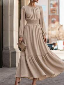 SHEIN Women's Autumn/Winter Casual Elegant Faux Linen Cinched Waist Full Skirt Long Khaki Dress - Apricot - View 1