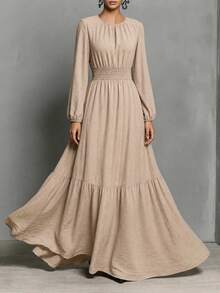 SHEIN Women's Autumn/Winter Casual Elegant Faux Linen Cinched Waist Full Skirt Long Khaki Dress - Apricot - View 4