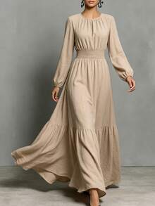 SHEIN Women's Autumn/Winter Casual Elegant Faux Linen Cinched Waist Full Skirt Long Khaki Dress - Apricot - View 5