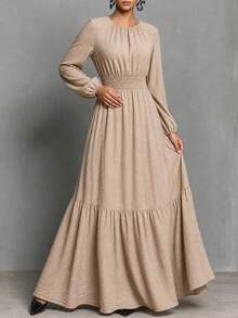 SHEIN Women's Autumn/Winter Casual Elegant Faux Linen Cinched Waist Full Skirt Long Khaki Dress - Apricot - View 6