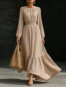 SHEIN Women's Autumn/Winter Casual Elegant Faux Linen Cinched Waist Full Skirt Long Khaki Dress - Apricot - View 3