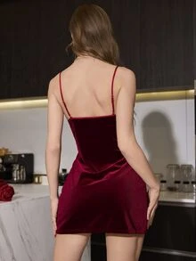SilkySpell Contrast Color Lace High Slit Velvet Slip Dress, For Fall Winter - Burgundy - View 2