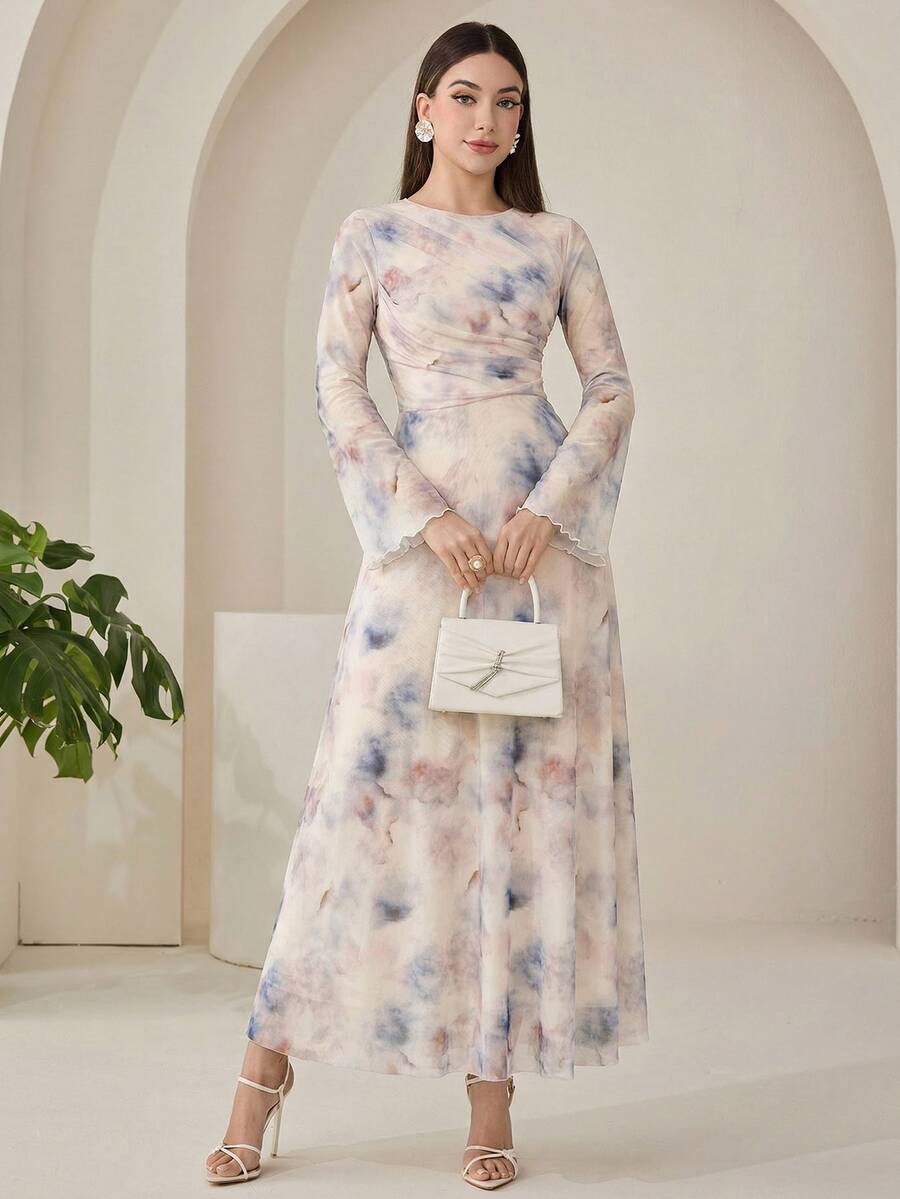 Veilorie 女士扎染圆领喇叭袖优雅长裙 - 淡紫色 - 查看 1