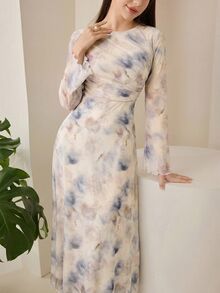 Veilorie 女士扎染圆领喇叭袖优雅长裙 - 淡紫色 - 查看 6