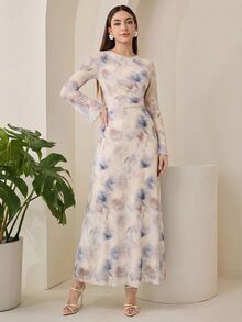 Veilorie 女士扎染圆领喇叭袖优雅长裙 - 淡紫色 - 查看 5