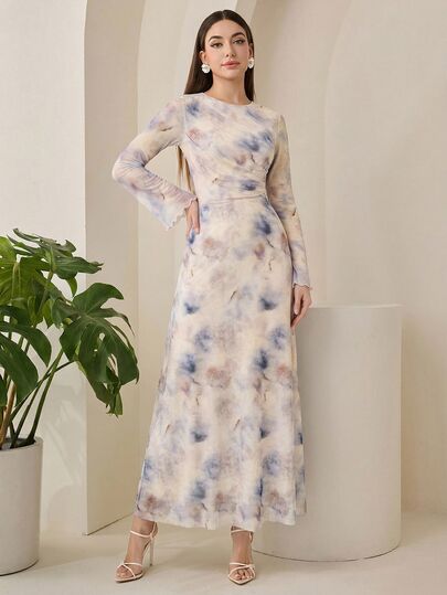 Veilorie Women's Tie-Dye Round Neck Flare Sleeve Elegant Long Dress