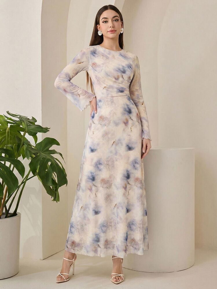 Veilorie Women's Tie-Dye Round Neck Flare Sleeve Elegant Long Dress - Mauve Purple - View 5